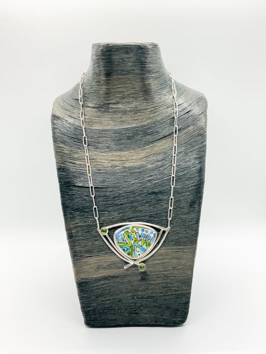 Sterling Silver, Enamel and Peridot Blue and Green Necklace