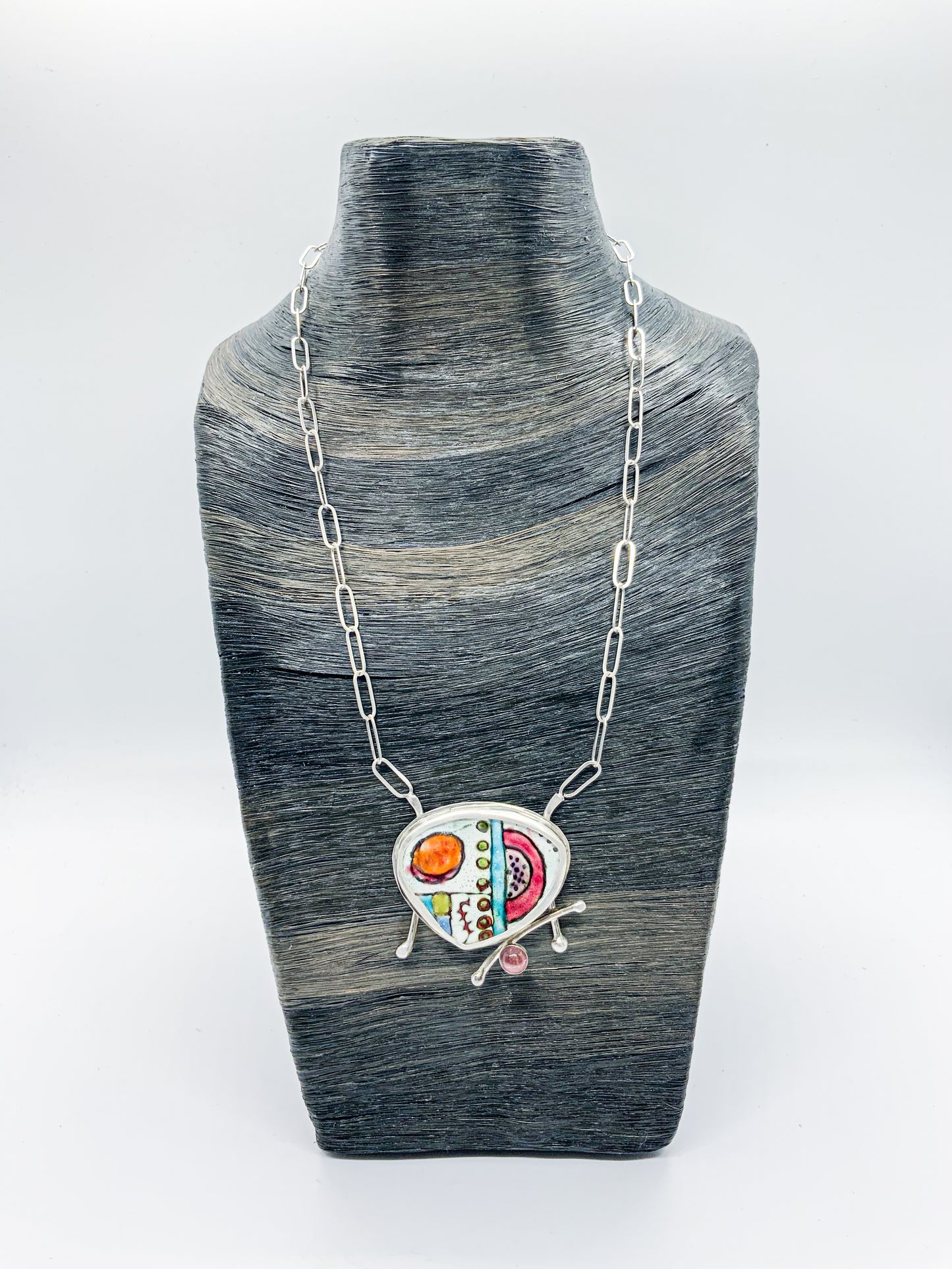 Sterling Silver, Enamel and Tourmaline Organic Shape Necklace