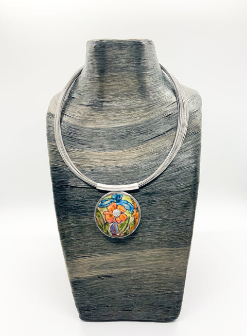 Sterling Silver and Enamel Round 50 Strand Necklace with Flower