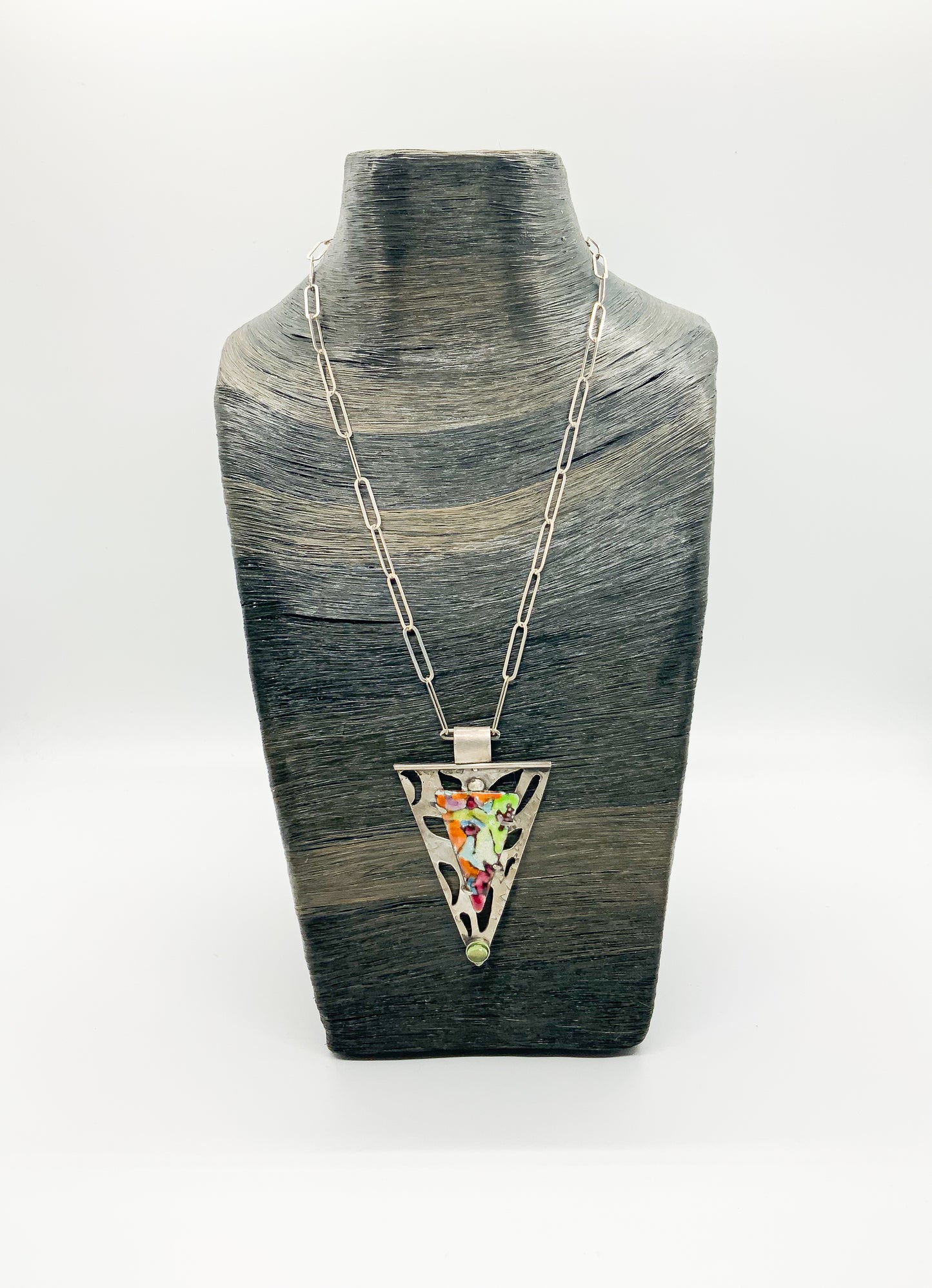 Sterling Silver and Enamel Pierced Triangle and Peridot Necklace