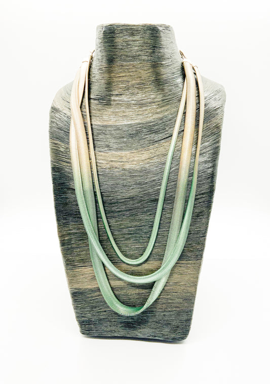 Graduated Three Strand Fern Chain Necklace Silver and Celadon