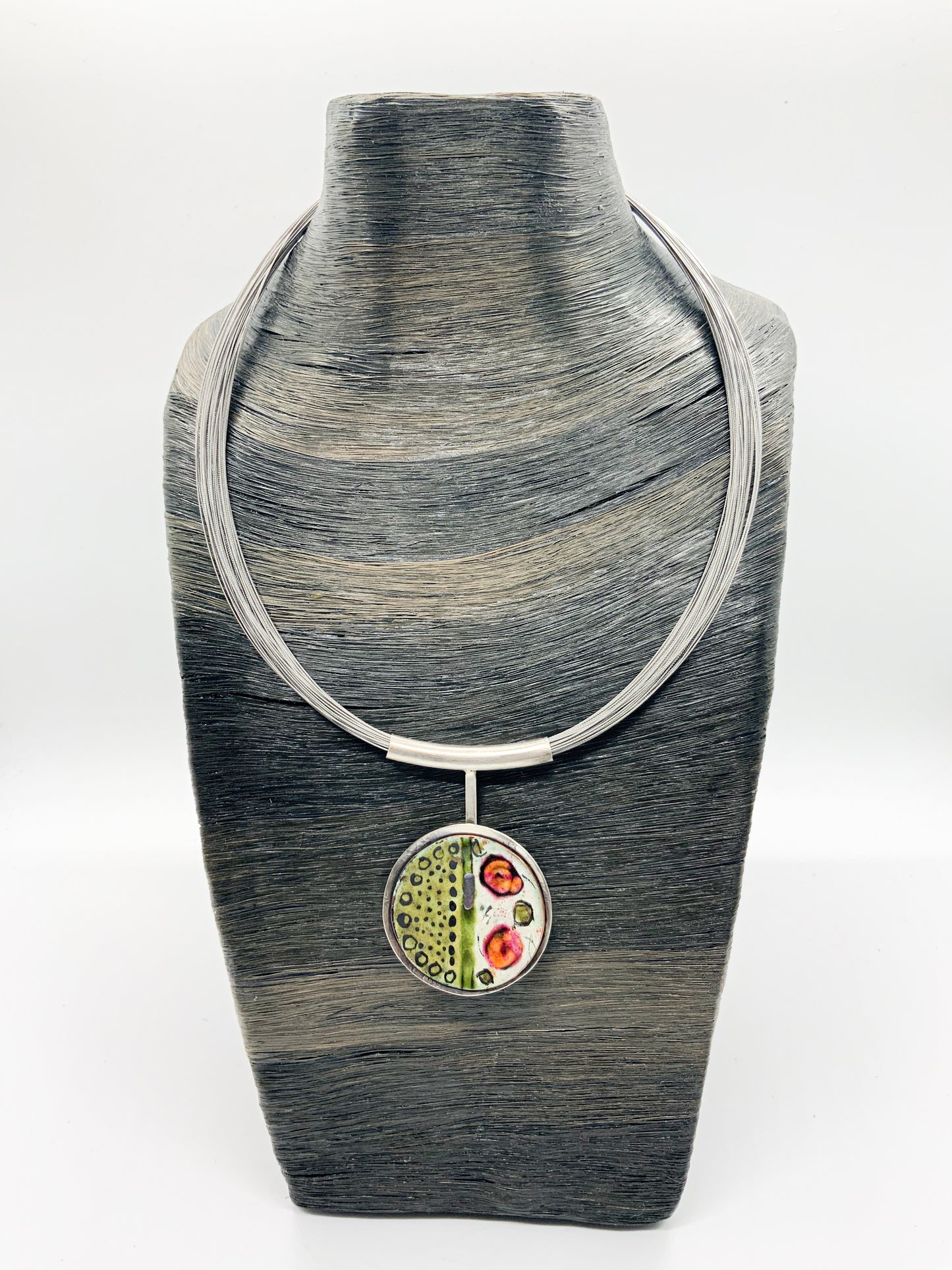 Sterling Silver and Enamel Round Red and Green 50 Strand Necklace