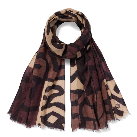 Patterned scarf with brown and beige colors on a white background