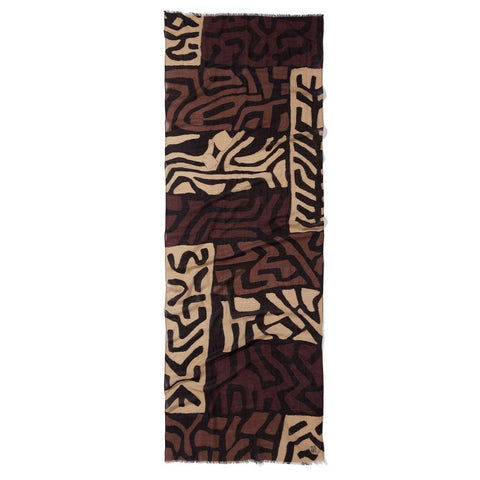 Patterned scarf with brown and beige design on a white background