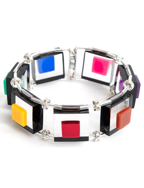 Colorful bracelet with square-shaped links on a white background