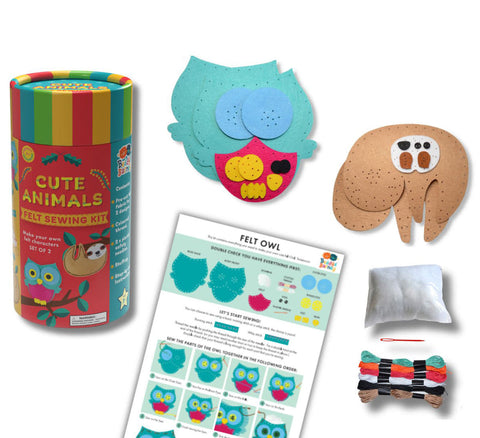 Cute Animals Felt Sewing Kit with felt pieces, instructions, and colorful packaging on a white background