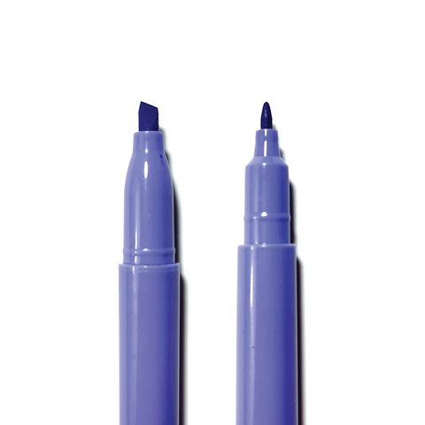 Purple marker with two ends, one end has a fine point, the other a bold chisel tip.