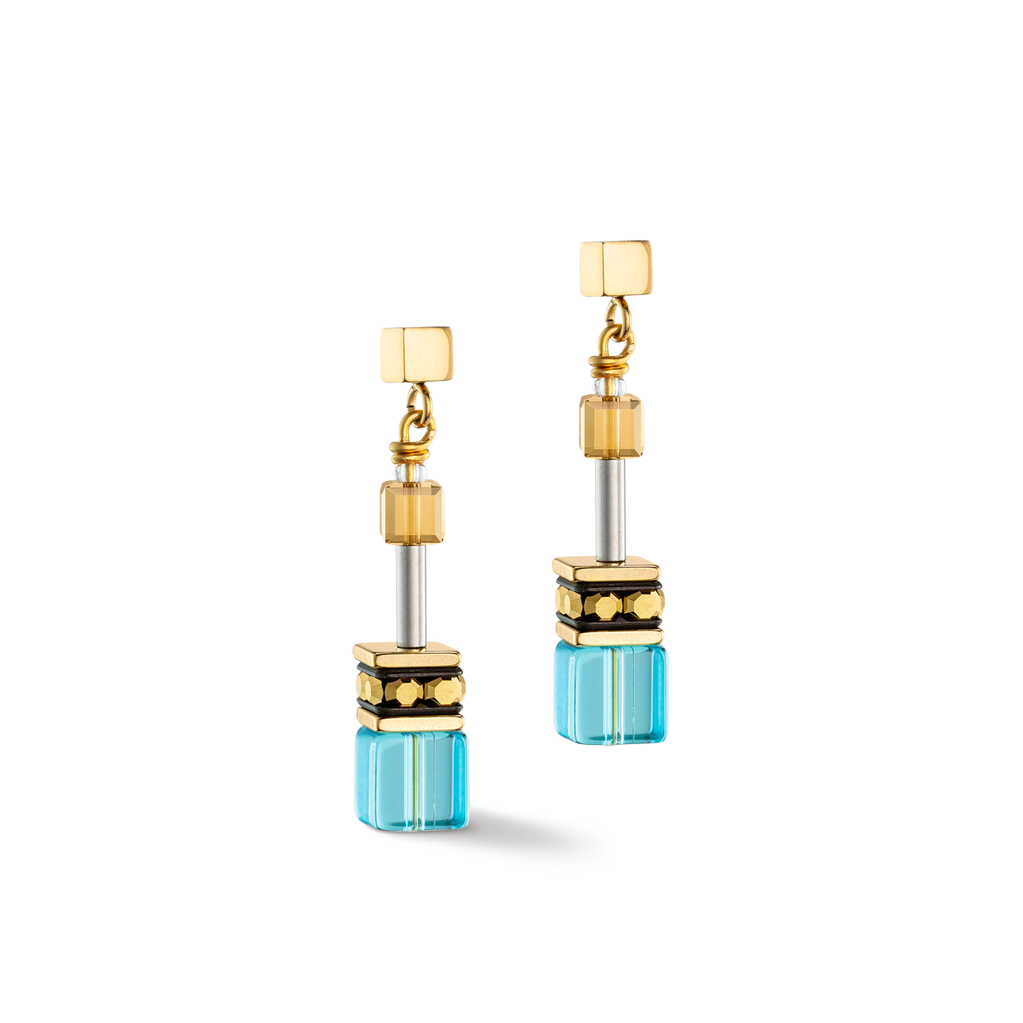 Cat Eye, Glass Cubes, Swarovski Crystals, Rhinestone Rondels, Gold Plated Sterling Silver Posts Earrings SPRING BLUE