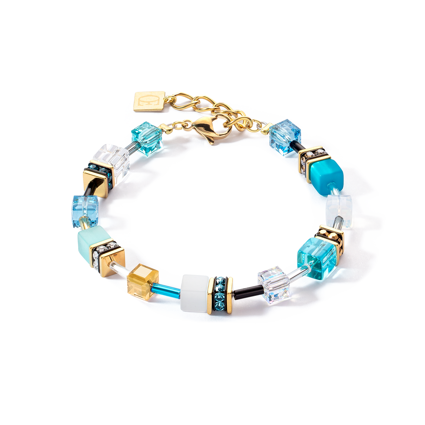 Cat Eye, Glass Cubes, Swarovski Crystals, Rhinestone Rondels, Gold Plated Bracelet SPRING BLUE