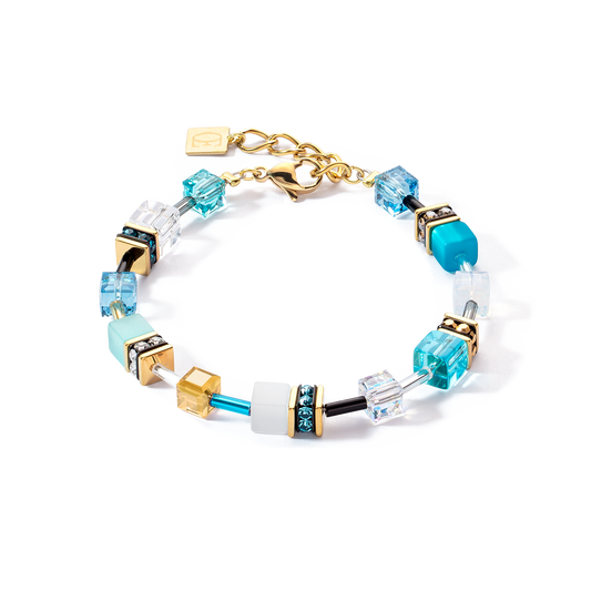 Cat Eye, Glass Cubes, Swarovski Crystals, Rhinestone Rondels, Gold Plated Bracelet SPRING BLUE