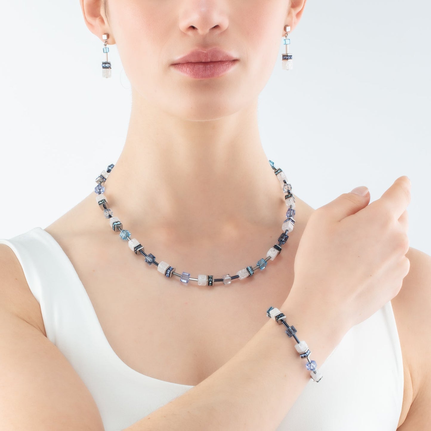 Precious Coeur: Rock Crystal, Swarovski Crystal Rhinestone Rondels Necklace BLUE