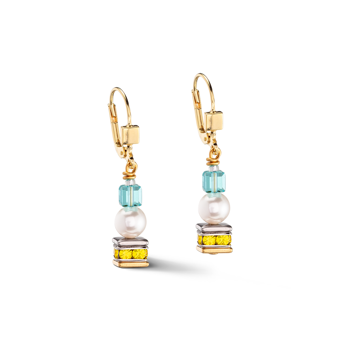 Blue and Green Crystal, Pearl and Gold Plated Sterling Silver French Hook Earrings
