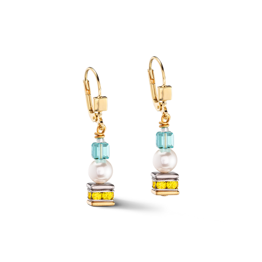 Blue and Green Crystal, Pearl and Gold Plated Sterling Silver French Hook Earrings