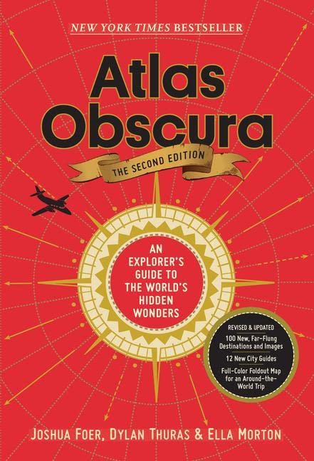 Cover of the book 'Atlas Obscura 2nd Edition' featuring a red background with a detailed map-like design and text that includes the title and authors' names.