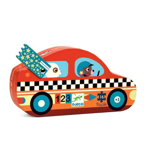 Mini racing red car puzzle with cartoon figures