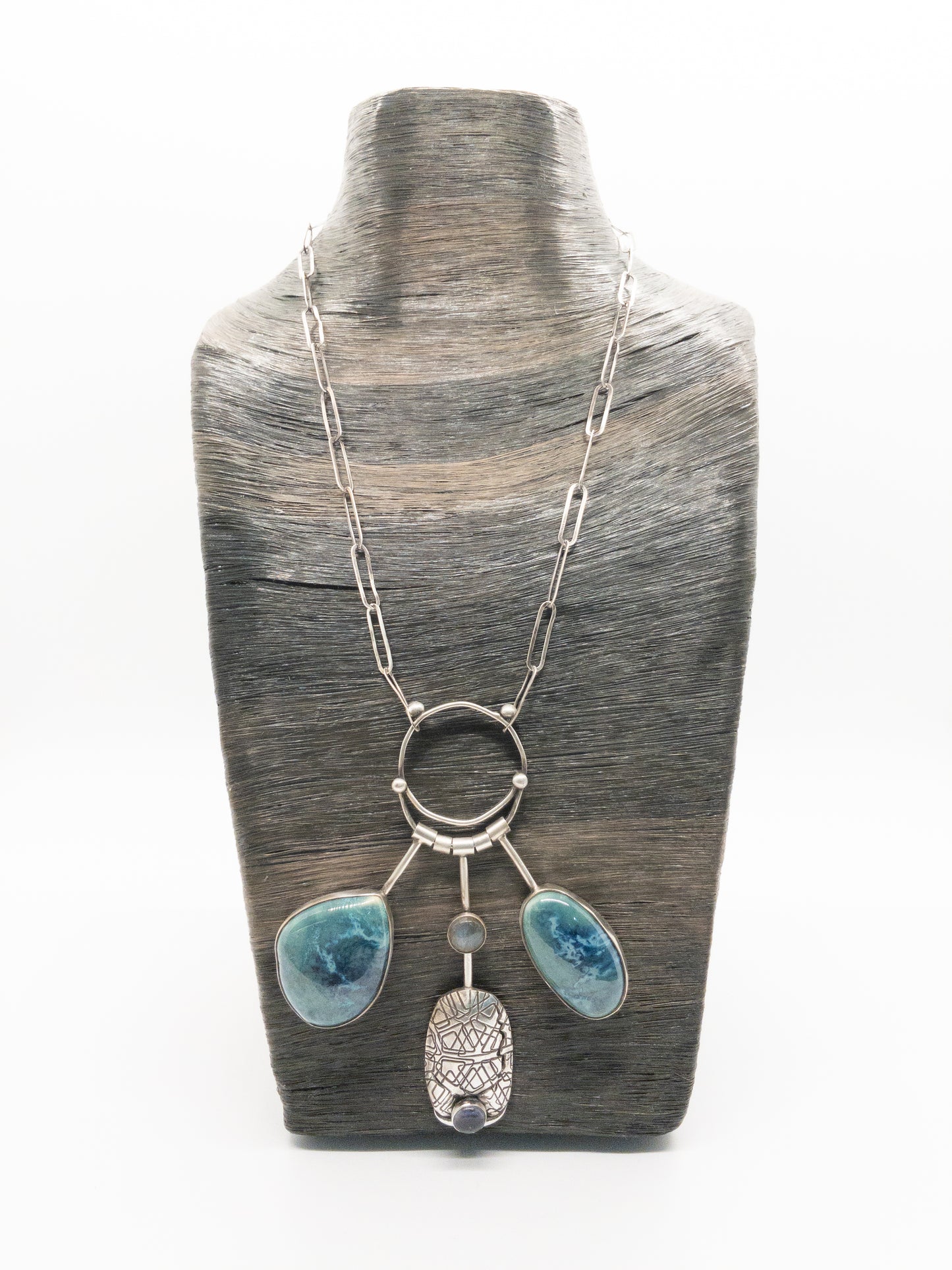 Sterling Silver 3 Pendant Necklace Turquoise Pottery and Iolite